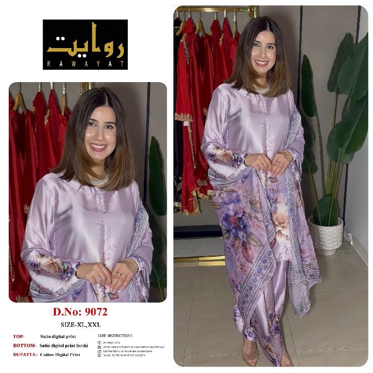 RAWAYAT D.NO 9067 TO 9075-8997-8998-8912 WHOLESALE READYMADE SATIN DIGITAL PRINT FARSHI SALWAR STYLE 3 PCS SUITS FOR EXPORT