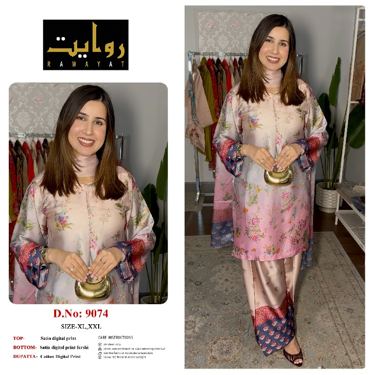 RAWAYAT D.NO 9067 TO 9075-8997-8998-8912 WHOLESALE READYMADE SATIN DIGITAL PRINT FARSHI SALWAR STYLE 3 PCS SUITS FOR EXPORT
