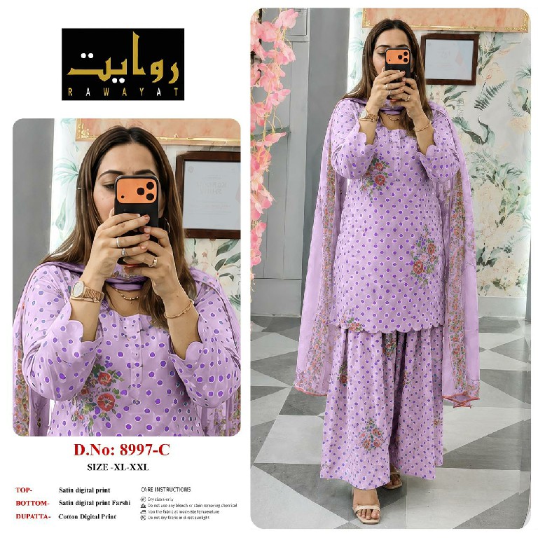 RAWAYAT D.NO 9067 TO 9075-8997-8998-8912 WHOLESALE READYMADE SATIN DIGITAL PRINT FARSHI SALWAR STYLE 3 PCS SUITS FOR EXPORT