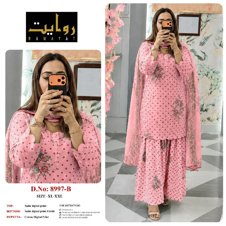 RAWAYAT D.NO 9067 TO 9075-8997-8998-8912 WHOLESALE READYMADE SATIN DIGITAL PRINT FARSHI SALWAR STYLE 3 PCS SUITS FOR EXPORT