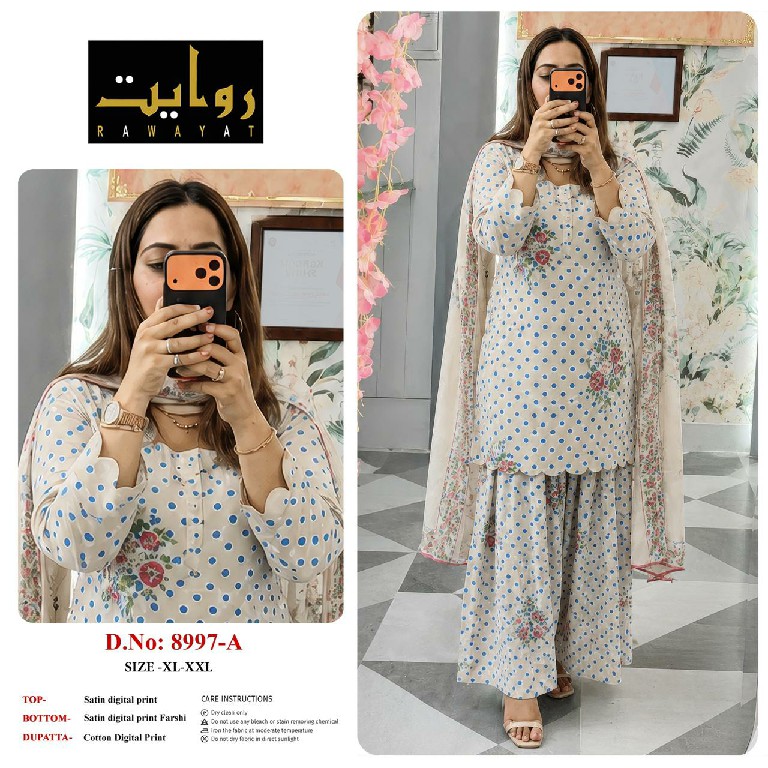 RAWAYAT D.NO 9067 TO 9075-8997-8998-8912 WHOLESALE READYMADE SATIN DIGITAL PRINT FARSHI SALWAR STYLE 3 PCS SUITS FOR EXPORT