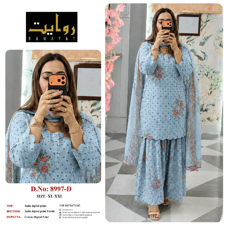 RAWAYAT D.NO 9067 TO 9075-8997-8998-8912 WHOLESALE READYMADE SATIN DIGITAL PRINT FARSHI SALWAR STYLE 3 PCS SUITS FOR EXPORT