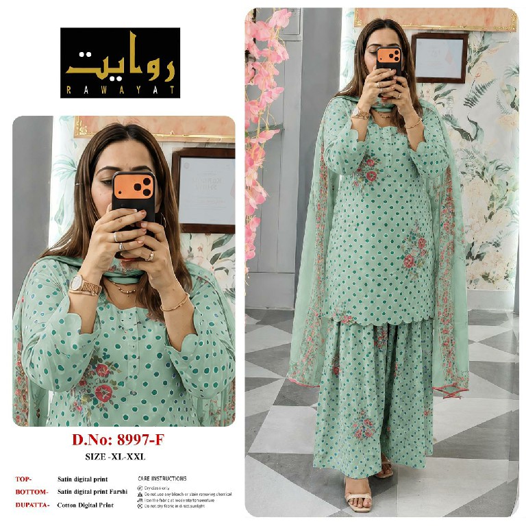 RAWAYAT D.NO 9067 TO 9075-8997-8998-8912 WHOLESALE READYMADE SATIN DIGITAL PRINT FARSHI SALWAR STYLE 3 PCS SUITS FOR EXPORT