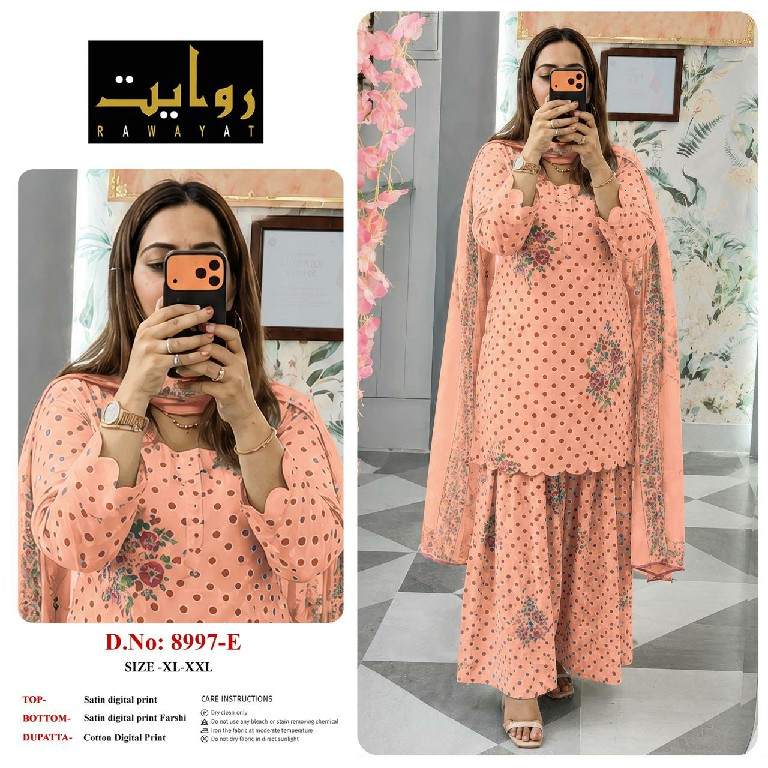 RAWAYAT D.NO 9067 TO 9075-8997-8998-8912 WHOLESALE READYMADE SATIN DIGITAL PRINT FARSHI SALWAR STYLE 3 PCS SUITS FOR EXPORT