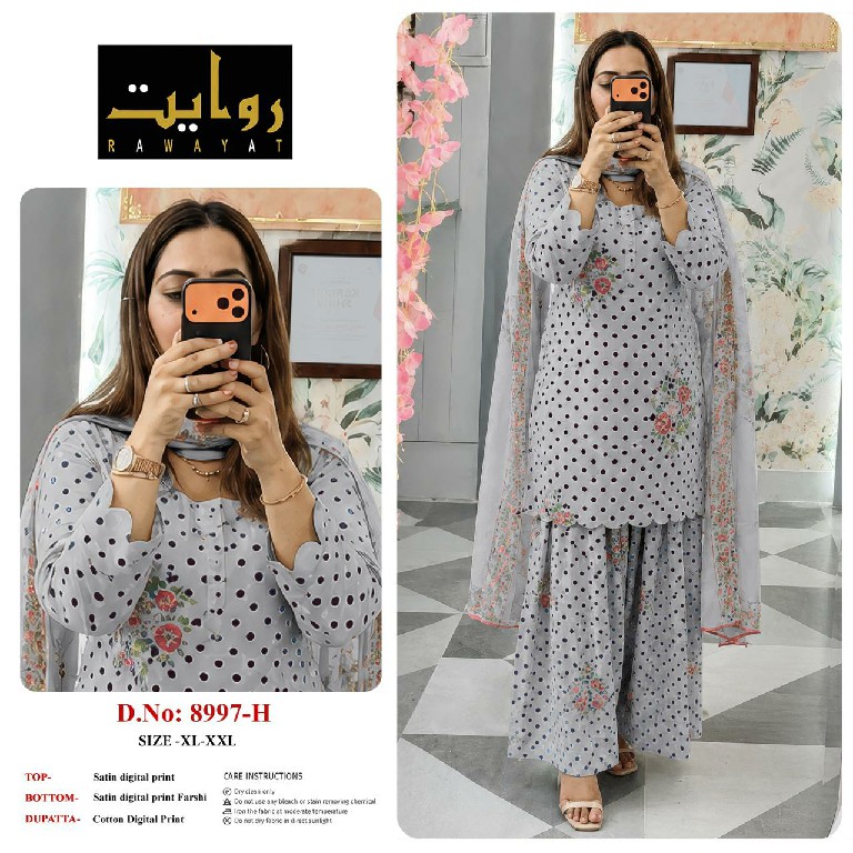 RAWAYAT D.NO 9067 TO 9075-8997-8998-8912 WHOLESALE READYMADE SATIN DIGITAL PRINT FARSHI SALWAR STYLE 3 PCS SUITS FOR EXPORT