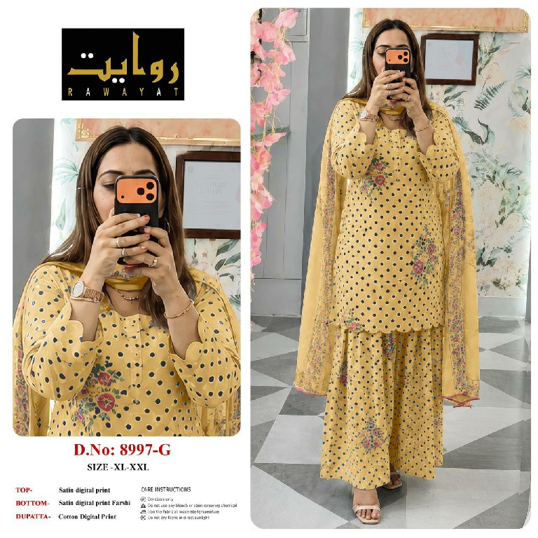 RAWAYAT D.NO 9067 TO 9075-8997-8998-8912 WHOLESALE READYMADE SATIN DIGITAL PRINT FARSHI SALWAR STYLE 3 PCS SUITS FOR EXPORT