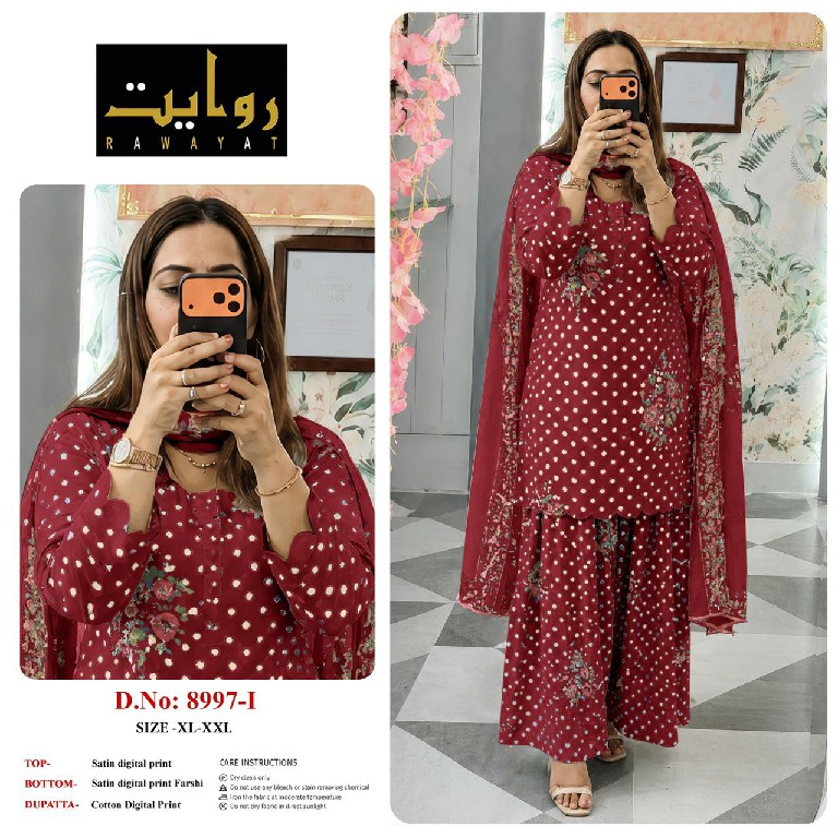 RAWAYAT D.NO 9067 TO 9075-8997-8998-8912 WHOLESALE READYMADE SATIN DIGITAL PRINT FARSHI SALWAR STYLE 3 PCS SUITS FOR EXPORT