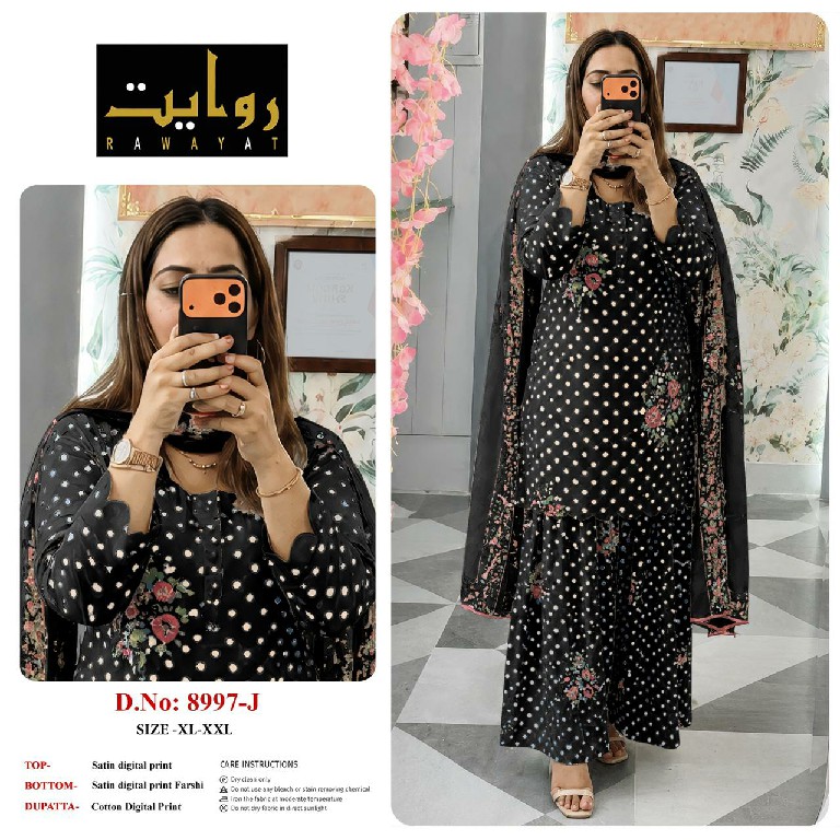 RAWAYAT D.NO 9067 TO 9075-8997-8998-8912 WHOLESALE READYMADE SATIN DIGITAL PRINT FARSHI SALWAR STYLE 3 PCS SUITS FOR EXPORT