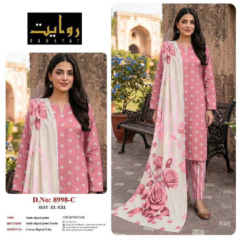 RAWAYAT D.NO 9067 TO 9075-8997-8998-8912 WHOLESALE READYMADE SATIN DIGITAL PRINT FARSHI SALWAR STYLE 3 PCS SUITS FOR EXPORT