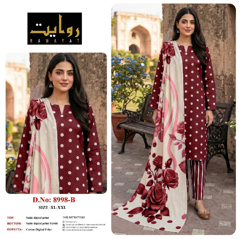RAWAYAT D.NO 9067 TO 9075-8997-8998-8912 WHOLESALE READYMADE SATIN DIGITAL PRINT FARSHI SALWAR STYLE 3 PCS SUITS FOR EXPORT