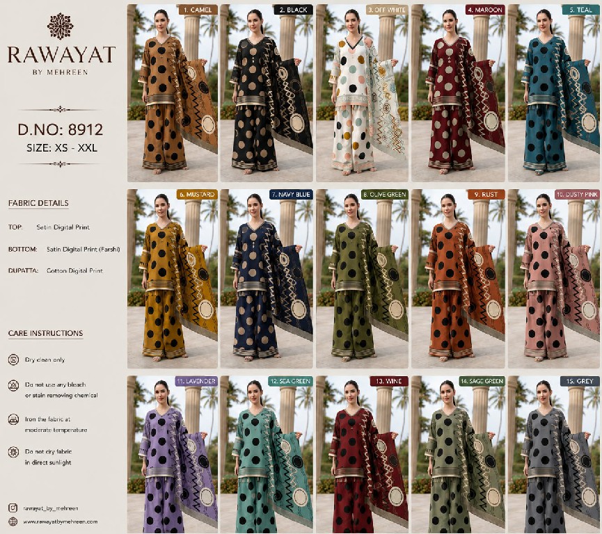 RAWAYAT D.NO 9067 TO 9075-8997-8998-8912 WHOLESALE READYMADE SATIN DIGITAL PRINT FARSHI SALWAR STYLE 3 PCS SUITS FOR EXPORT