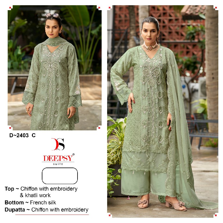 DEEPSY D.NO 2403 WHOLESALE CHIFFON WITH WORK PAKISTANI UNSTITCH SALWAR SUITS EXPORTER