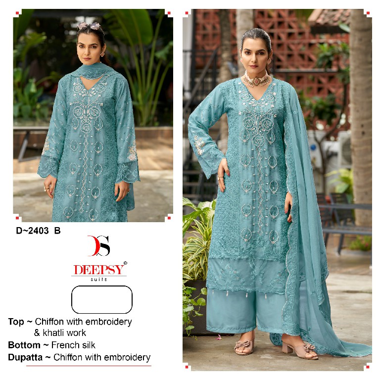 DEEPSY D.NO 2403 WHOLESALE CHIFFON WITH WORK PAKISTANI UNSTITCH SALWAR SUITS EXPORTER