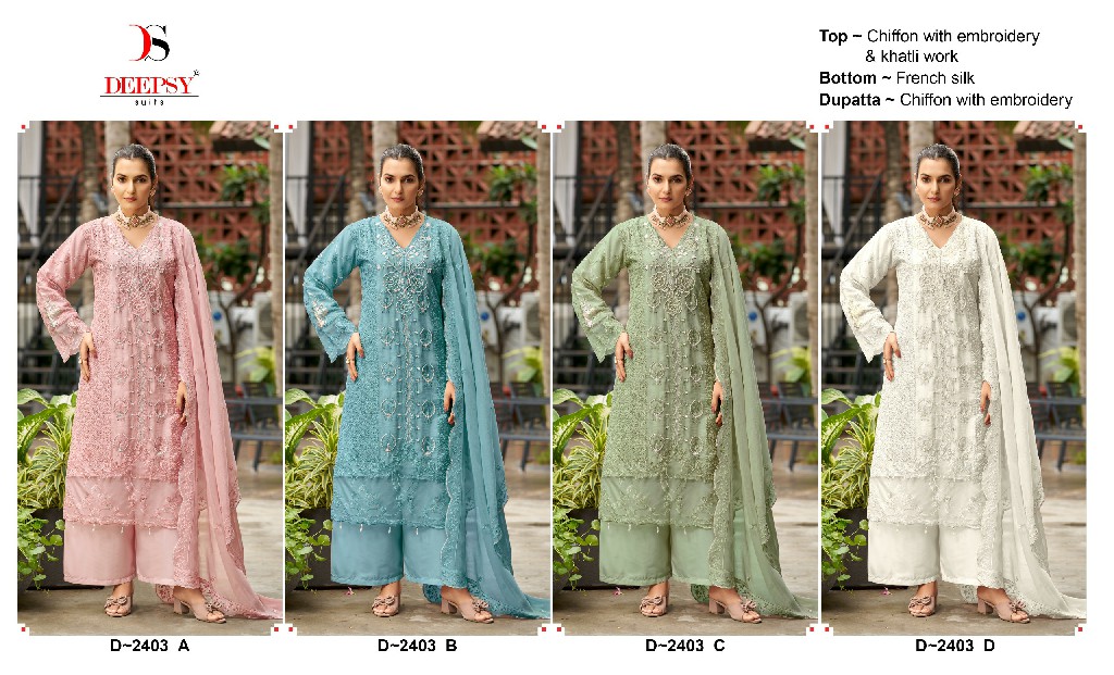 DEEPSY D.NO 2403 WHOLESALE CHIFFON WITH WORK PAKISTANI UNSTITCH SALWAR SUITS EXPORTER