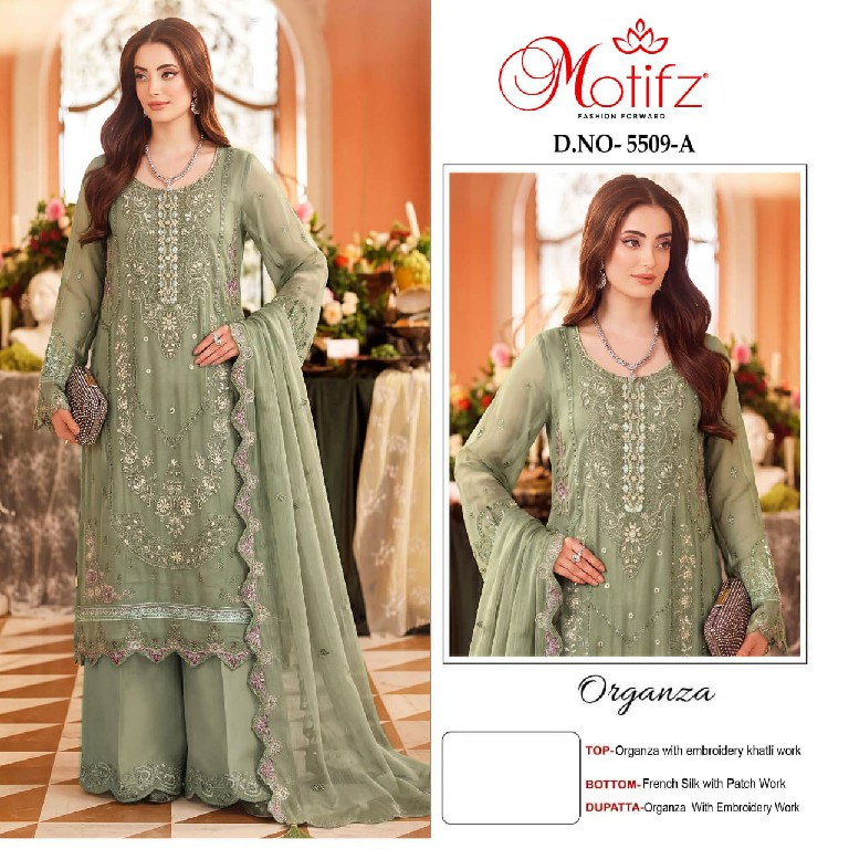 MOTIFZ D.NO 5509 WHOLESALE ORGANZA WITH WORK PAKISTANI ATTRACTIVE UNSTITCH SALWAR SUITS SUPPLIER