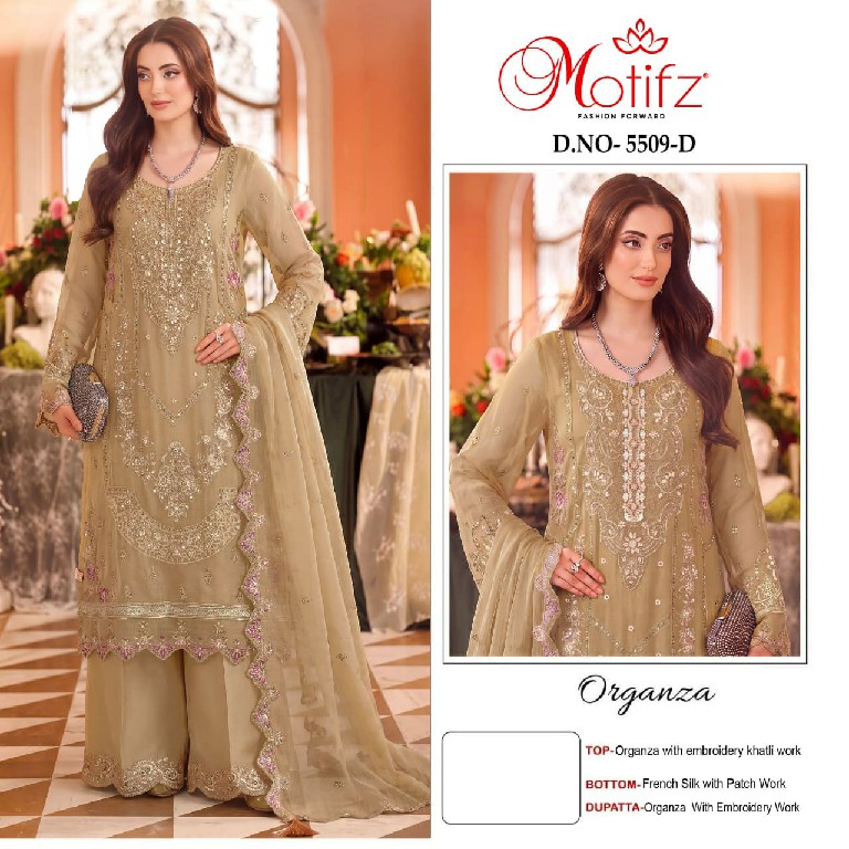 MOTIFZ D.NO 5509 WHOLESALE ORGANZA WITH WORK PAKISTANI ATTRACTIVE UNSTITCH SALWAR SUITS SUPPLIER