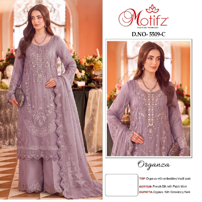 MOTIFZ D.NO 5509 WHOLESALE ORGANZA WITH WORK PAKISTANI ATTRACTIVE UNSTITCH SALWAR SUITS SUPPLIER