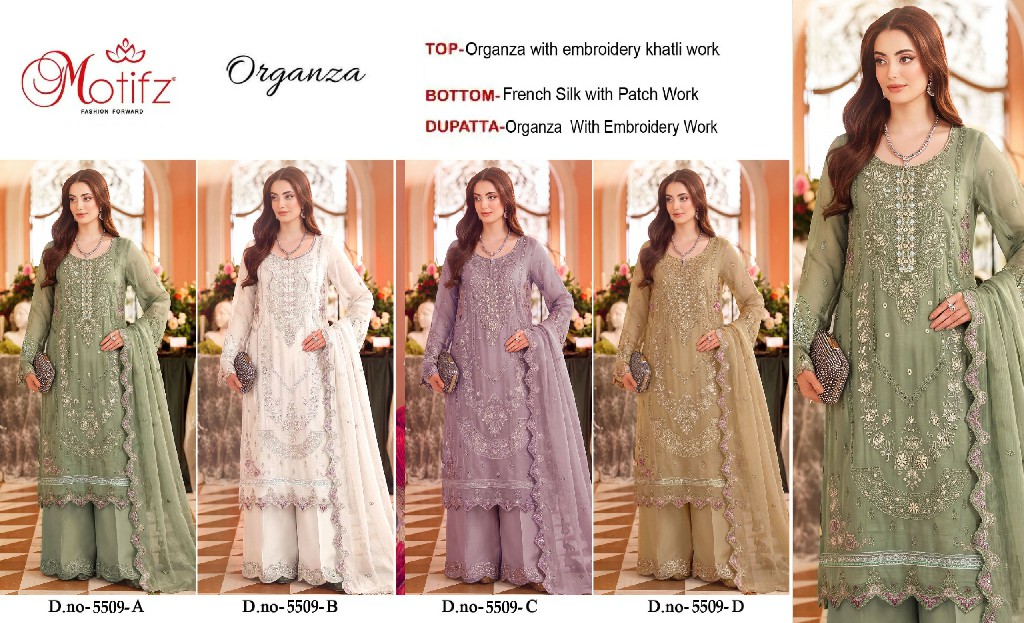 MOTIFZ D.NO 5509 WHOLESALE ORGANZA WITH WORK PAKISTANI ATTRACTIVE UNSTITCH SALWAR SUITS SUPPLIER