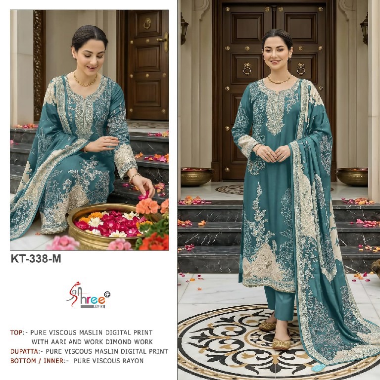 SHREE FABS D.NO KT-338J TO 338N WHOLESALE VISCOSE MUSLIN ELEGANT UNSTITCH SALWAR SUITS SUPPLIER