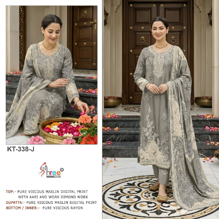 SHREE FABS D.NO KT-338J TO 338N WHOLESALE VISCOSE MUSLIN ELEGANT UNSTITCH SALWAR SUITS SUPPLIER