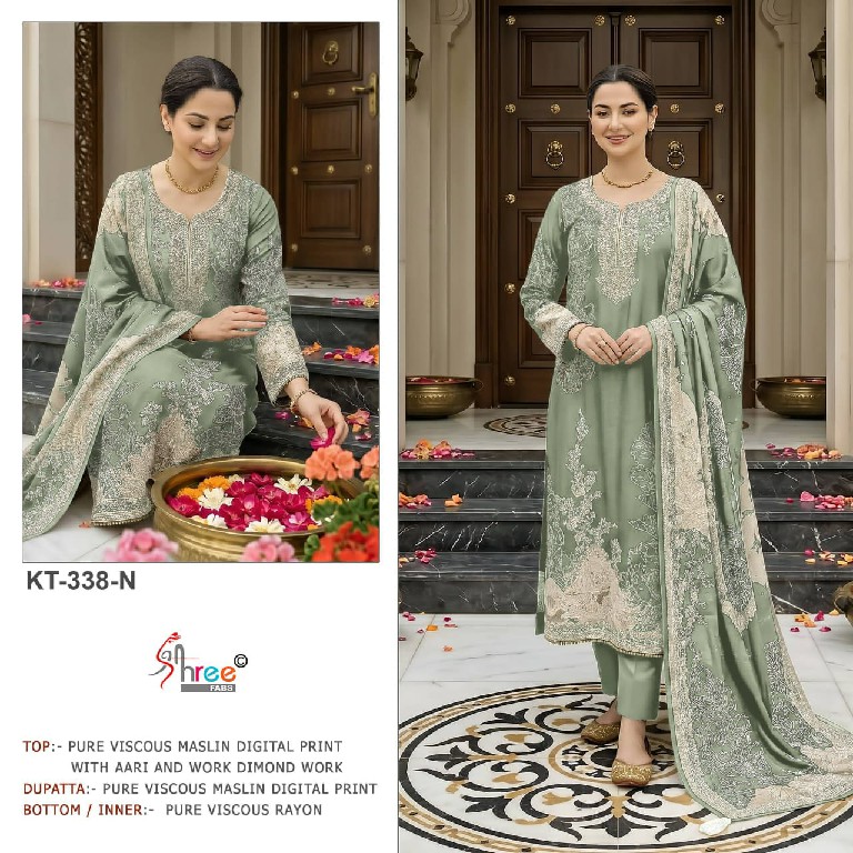 SHREE FABS D.NO KT-338J TO 338N WHOLESALE VISCOSE MUSLIN ELEGANT UNSTITCH SALWAR SUITS SUPPLIER