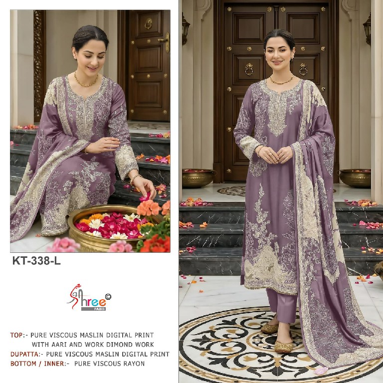 SHREE FABS D.NO KT-338J TO 338N WHOLESALE VISCOSE MUSLIN ELEGANT UNSTITCH SALWAR SUITS SUPPLIER