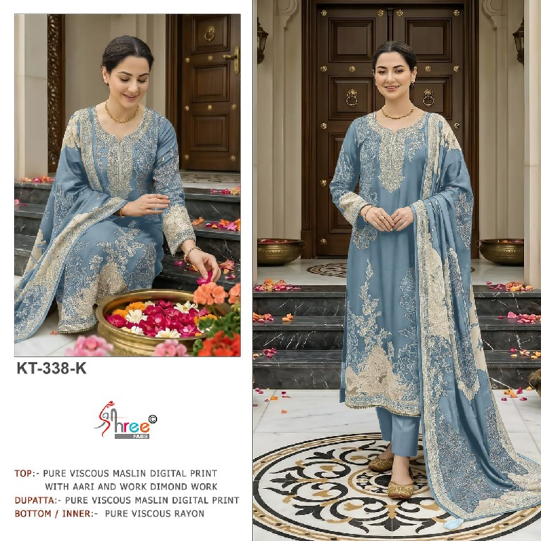 SHREE FABS D.NO KT-338J TO 338N WHOLESALE VISCOSE MUSLIN ELEGANT UNSTITCH SALWAR SUITS SUPPLIER