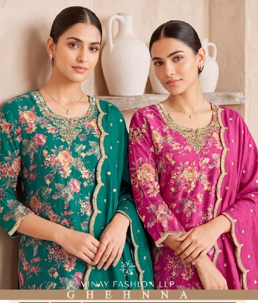 VINAY GHEHNNA WHOLESALE PREMIUM CHINON PARTY WEAR UNSTITCH SALWAR SUITS EXPORTER