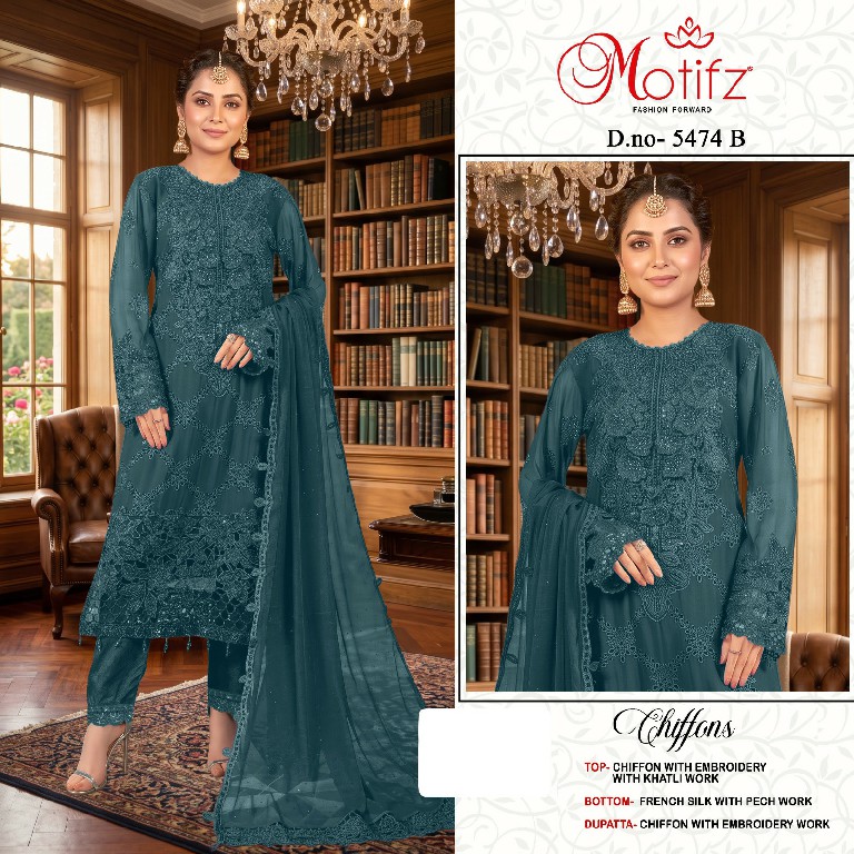 MOTIFZ D.NO 5474 WHOLESALE CHIFFON PAKISTANI PRETTY LOOK UNSTITCH SALWAR SUITS SUPPLIER