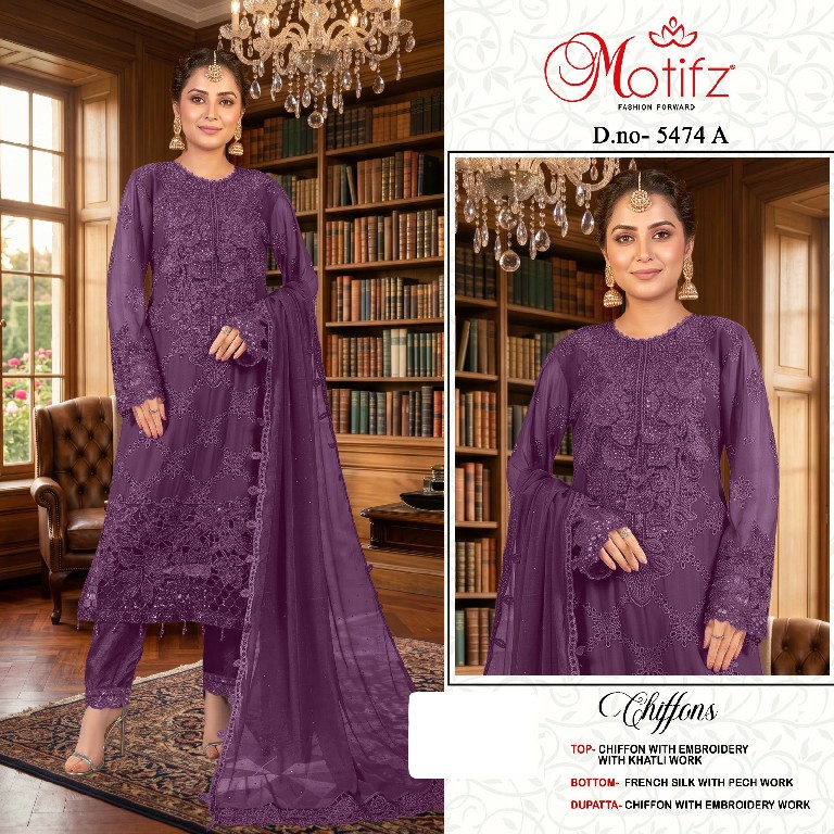 MOTIFZ D.NO 5474 WHOLESALE CHIFFON PAKISTANI PRETTY LOOK UNSTITCH SALWAR SUITS SUPPLIER