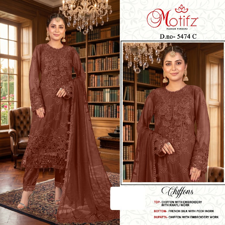 MOTIFZ D.NO 5474 WHOLESALE CHIFFON PAKISTANI PRETTY LOOK UNSTITCH SALWAR SUITS SUPPLIER
