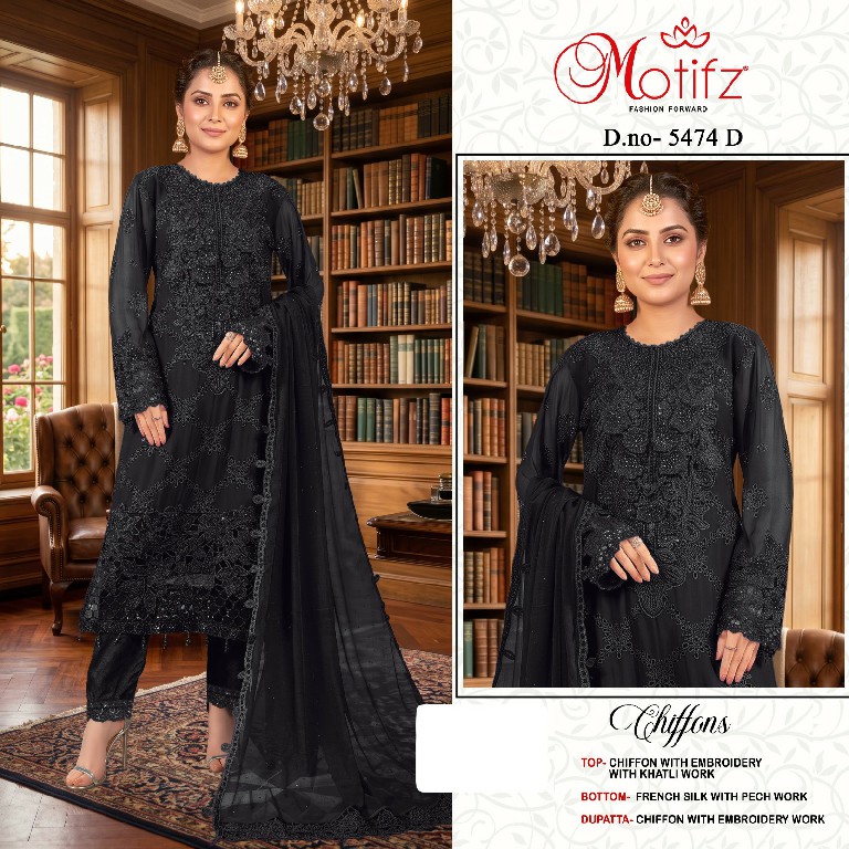 MOTIFZ D.NO 5474 WHOLESALE CHIFFON PAKISTANI PRETTY LOOK UNSTITCH SALWAR SUITS SUPPLIER