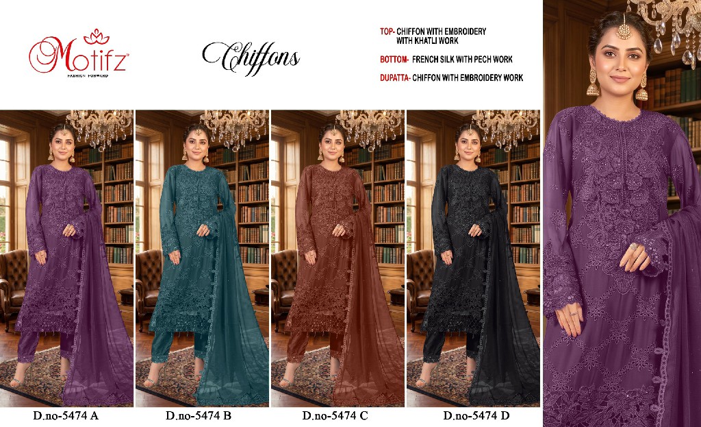 MOTIFZ D.NO 5474 WHOLESALE CHIFFON PAKISTANI PRETTY LOOK UNSTITCH SALWAR SUITS SUPPLIER