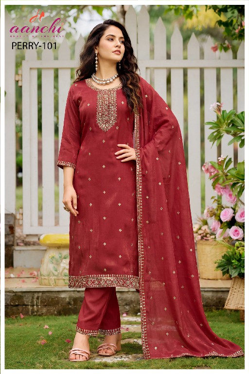AANCHI PERRY WHOLESALE READYMADE CHIFFON SATIN TRENDY STYLISH 3 PCS SUITS EXPORTER