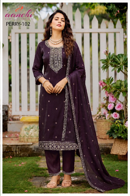 AANCHI PERRY WHOLESALE READYMADE CHIFFON SATIN TRENDY STYLISH 3 PCS SUITS EXPORTER