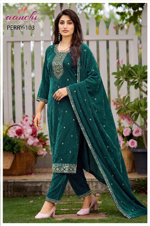 AANCHI PERRY WHOLESALE READYMADE CHIFFON SATIN TRENDY STYLISH 3 PCS SUITS EXPORTER