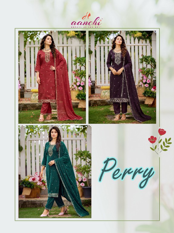 AANCHI PERRY WHOLESALE READYMADE CHIFFON SATIN TRENDY STYLISH 3 PCS SUITS EXPORTER