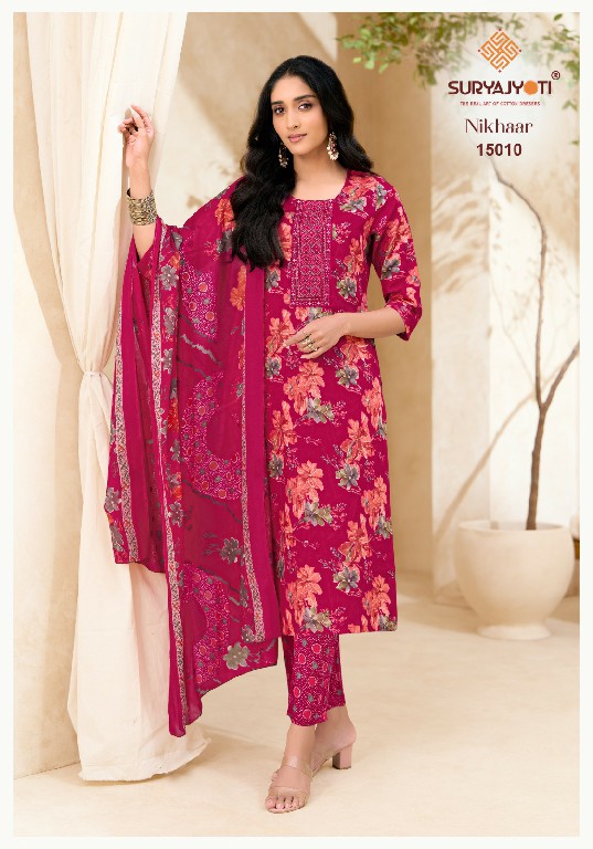SURYAJYOTI NIKHAAR VOL 15 WHOLESALE READYMADE COTTON PRINTED CASUAL WEAR 3 PCS SUITS EXPORTER