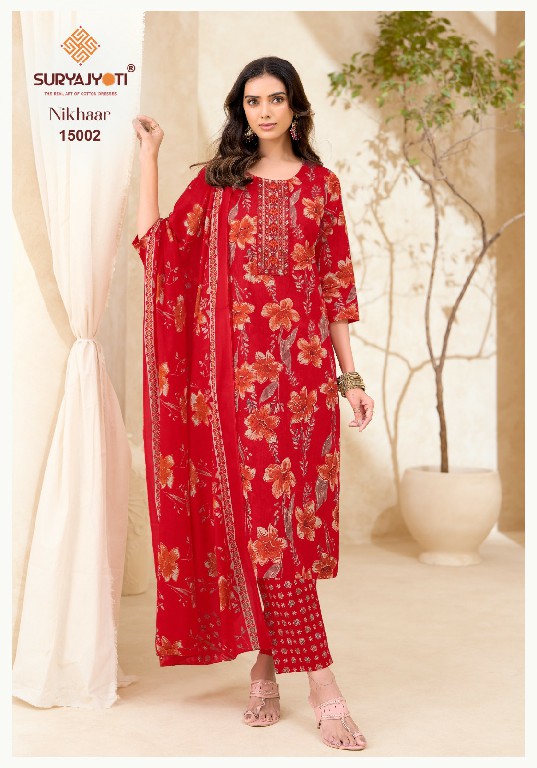 SURYAJYOTI NIKHAAR VOL 15 WHOLESALE READYMADE COTTON PRINTED CASUAL WEAR 3 PCS SUITS EXPORTER