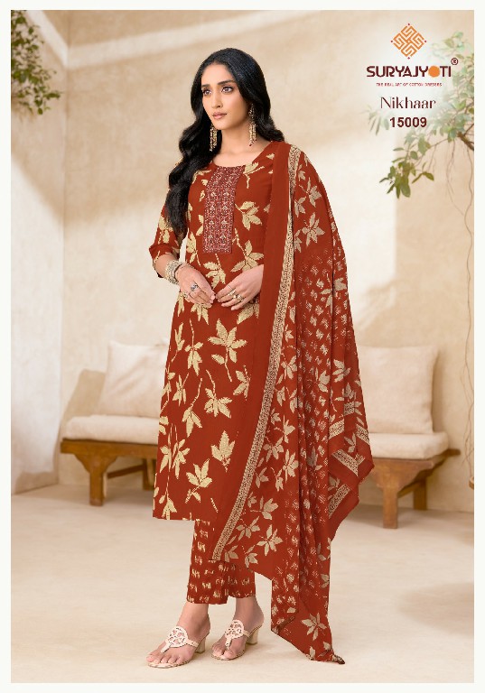 SURYAJYOTI NIKHAAR VOL 15 WHOLESALE READYMADE COTTON PRINTED CASUAL WEAR 3 PCS SUITS EXPORTER