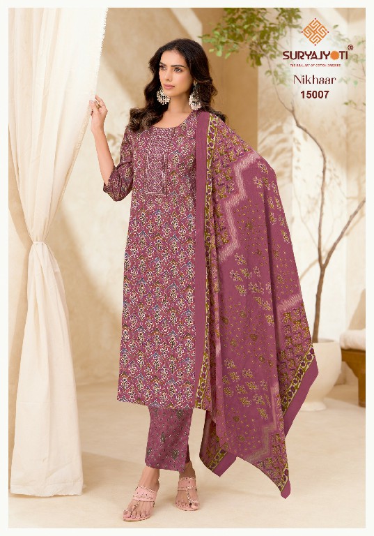 SURYAJYOTI NIKHAAR VOL 15 WHOLESALE READYMADE COTTON PRINTED CASUAL WEAR 3 PCS SUITS EXPORTER