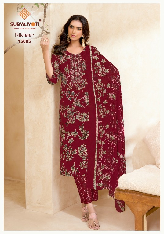 SURYAJYOTI NIKHAAR VOL 15 WHOLESALE READYMADE COTTON PRINTED CASUAL WEAR 3 PCS SUITS EXPORTER