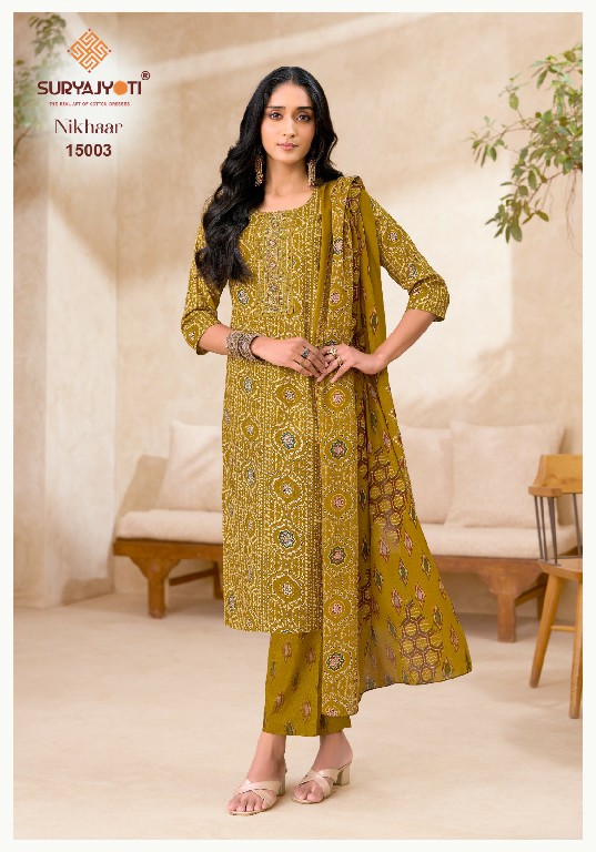 SURYAJYOTI NIKHAAR VOL 15 WHOLESALE READYMADE COTTON PRINTED CASUAL WEAR 3 PCS SUITS EXPORTER