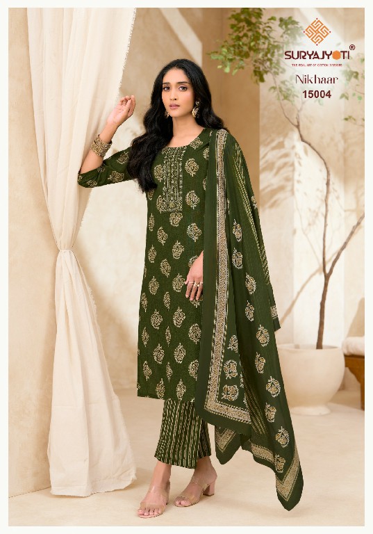 SURYAJYOTI NIKHAAR VOL 15 WHOLESALE READYMADE COTTON PRINTED CASUAL WEAR 3 PCS SUITS EXPORTER