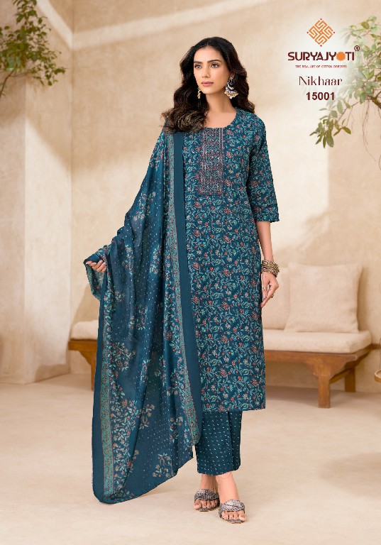 SURYAJYOTI NIKHAAR VOL 15 WHOLESALE READYMADE COTTON PRINTED CASUAL WEAR 3 PCS SUITS EXPORTER