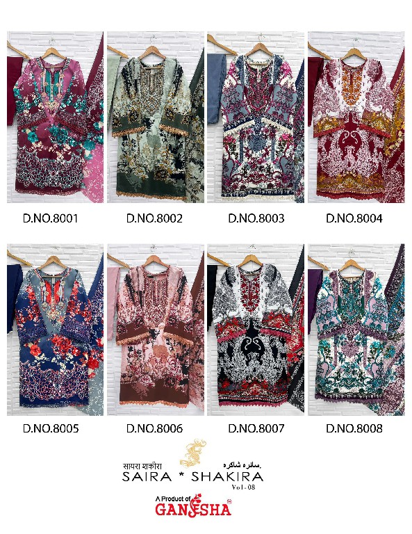 GANESHA SAIRA SHAKIRA VOL 8 WHOLESALE HEAVY COTTON KARACHI STYLE CASUAL WEAR FULL STITCHED 3 PCS SUITS ONLINE