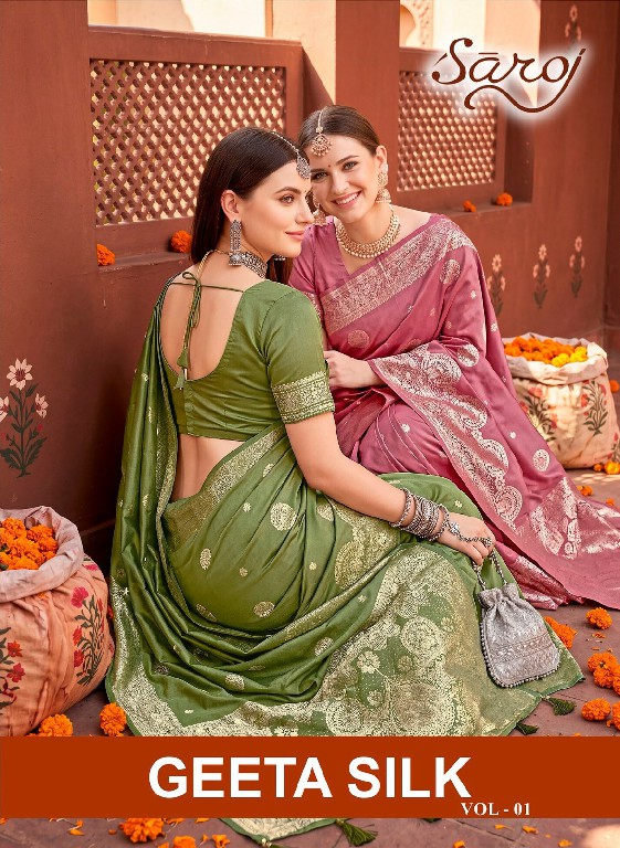 SAROJ GEETA SILK VOL 1 WHOLESALE PURE SILK FESTIVE WEAR INDIAN SAREES FOR WOMEN SUPPLIER