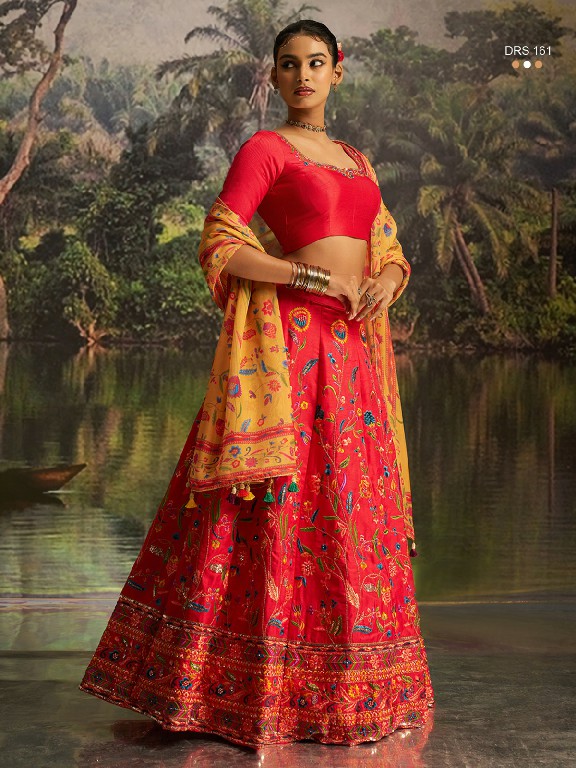 ARYA D.NO DRS-161 WHOLESALE CORAL RED SILK GLAMOURS STYLE LEHENGA CHOLI FOR EXPORT