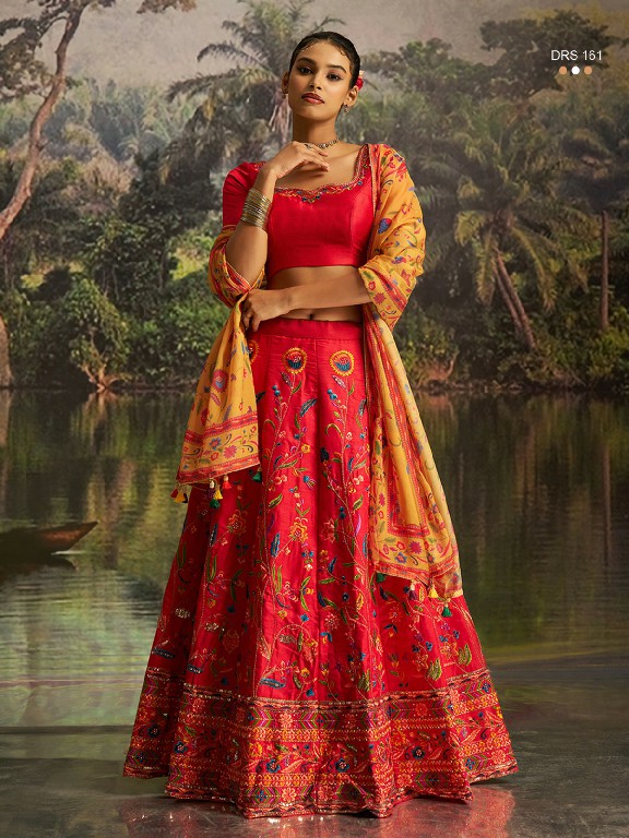 ARYA D.NO DRS-161 WHOLESALE CORAL RED SILK GLAMOURS STYLE LEHENGA CHOLI FOR EXPORT