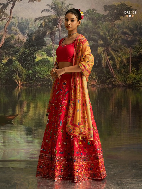 ARYA D.NO DRS-161 WHOLESALE CORAL RED SILK GLAMOURS STYLE LEHENGA CHOLI FOR EXPORT